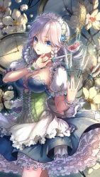 Rule 34 | 1girl, adapted costume, aqua eyes, blurry, braid, breasts, bustier, cleavage, clock, corset, cup, depth of field, floating, floating hair, floating object, flower, frilled corset, frilled skirt, frills, green corset, headdress, izayoi sakuya, kieta, knife, large breasts, petticoat, puffy sleeves, short sleeves, skirt, solo, teacup, touhou, twin braids, white hair, wrist cuffs