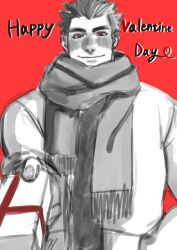 Rule 34 | 1boy, bara, blush, coat, gift, greyscale with colored background, happy valentine, highres, holding, holding gift, ichito0714, incoming gift, looking at viewer, male focus, protagonist 3 (housamo), red theme, scarf, short hair, smile, solo, thick eyebrows, tokyo houkago summoners, upper body