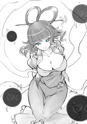 Rule 34 | 1girl, blue eyes, breasts, cleavage, collarbone, dress, energy, female focus, flower, greyscale, hagoromo, hair ornament, hair stick, head tilt, highres, hip focus, kaku seiga, large breasts, lips, looking at viewer, monochrome, neck, open clothes, open vest, raptor7, shawl, short hair, sketch, smile, solo, spot color, taut clothes, taut dress, thighs, touhou, vest