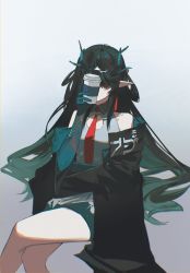 Rule 34 | 1girl, aqua hair, arknights, bare shoulders, black hair, black jacket, colored skin, covering face, crossed legs, cup, disposable cup, dragon girl, dragon horns, dress, dusk (arknights), earrings, gradient hair, horns, jacket, jewelry, long hair, multicolored hair, necktie, off-shoulder jacket, off shoulder, open clothes, open jacket, pe902, pointy ears, red eyes, red necktie, solo, tassel, tassel earrings, very long hair, white dress
