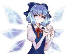 Rule 34 | 1girl, blue bow, blue dress, blue eyes, blue hair, bow, bowtie, cirno, closed mouth, collared shirt, cup, dress, eyelashes, hair bow, hands up, ice, ice wings, kitsu (skydiverfox), looking to the side, plate, puffy short sleeves, puffy sleeves, red bow, red bowtie, shirt, short hair, short sleeves, simple background, smile, smug, solo, touhou, twitter username, white background, wings