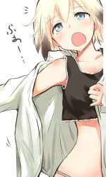 Rule 34 | 1girl, blonde hair, blue eyes, blush, brown hair, erica hartmann, gradient hair, multicolored hair, open clothes, open mouth, open shirt, panties, sandwich (artist), shirt, short hair, solo, strike witches, tank top, tears, tsuchii (ramakifrau), underwear, white background, world witches series, yawning