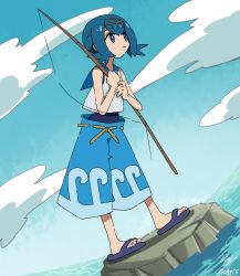 Rule 34 | 1girl, bad id, bad pixiv id, baggy pants, blue eyes, blue hair, blue sailor collar, capri pants, cloud, creatures (company), day, dutch angle, fishing, fishing rod, full body, game freak, gradient background, hair ornament, headband, highres, lana (pokemon), looking afar, nintendo, ocean, one-piece swimsuit, pants, piko han, pokemon, pokemon sm, sailor collar, sandals, shorts, sky, solo, standing, swimsuit