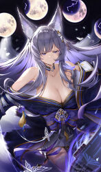 Rule 34 | 1girl, absurdres, animal ears, azur lane, bare shoulders, blue collar, breasts, cleavage, collar, detached collar, flight deck, fox ears, fox tail, gold trim, grey hair, highres, japanese clothes, kimono, la ruby, large breasts, large tail, long hair, moon phases, multiple tails, purple eyes, rigging, sakuramon, shinano (azur lane), skirt, tail, thighhighs, very long hair, white skirt, white tail, white thighhighs, zettai ryouiki