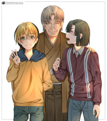 Rule 34 | 3boys, arm behind back, black hair, blonde hair, blue pants, brown hakama, brown kimono, brown sweater, closed eyes, closed mouth, collared shirt, dress shirt, dyed bangs, father and son, green eyes, grey shirt, grin, hair between eyes, hakama, hand on another&#039;s shoulder, hikaru no go, hood, hood down, hooded sweater, japanese clothes, kimono, long sleeves, male focus, monicanc, multicolored hair, multiple boys, open mouth, pants, profile, shindou hikaru, shirt, short hair, silver hair, smile, sweater, touya akira, touya kouyou, two-tone hair, v, white background, wing collar, yellow sweater