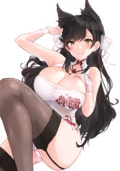 Rule 34 | 1girl, alternate costume, animal ears, ass, atago (azur lane), azur lane, black hair, black thighhighs, blush, breasts, bridal gauntlets, brown eyes, china dress, chinese clothes, cleavage, cleavage cutout, closed mouth, clothing cutout, commentary request, dress, extra ears, garter straps, gloves, hair ribbon, hand on own chest, hand up, highres, knee up, large breasts, long hair, looking at viewer, minikon, mole, mole under eye, ribbon, simple background, single glove, skindentation, smile, solo, swept bangs, thighhighs, thighs, white background, white dress, white ribbon, wristband
