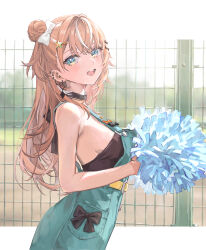 Rule 34 | 1girl, aqua dress, bare shoulders, belt, black bow, black bustier, black choker, blue eyes, bow, breasts, choker, commentary request, day, dress, fence, from side, hair bun, hair ornament, harupy, holding, holding pom poms, igarashi rika, igarashi rika (1st costume), long hair, looking at viewer, medium breasts, multicolored hair, nijisanji, o-ring, o-ring choker, open mouth, orange hair, outdoors, pom pom (cheerleading), pom poms, sideboob, single side bun, solo, star (symbol), star hair ornament, streaked hair, virtual youtuber, white hair, yellow belt