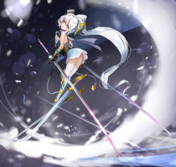 Rule 34 | 1girl, ass, bare shoulders, blue eyes, long hair, looking at viewer, looking back, observerz, original, ponytail, skis, solo, sword, thighhighs, weapon, white hair