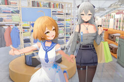 Rule 34 | 2girls, bag, black choker, black pantyhose, blonde hair, blue sailor collar, breasts, bronya zaychik, bronya zaychik (silverwing: n-ex), character request, chinese commentary, choker, cleavage, clothes shop, commentary request, crossed bangs, dress, earrings, grey eyes, grey hair, grey skirt, grey sweater, grocery bag, highres, holding, holding bag, holding hands, honkai (series), honkai impact 3rd, indoors, jewelry, large breasts, long hair, long sleeves, looking at another, looking back, multiple girls, necklace, open mouth, pantyhose, pointing, sailor collar, shopping bag, single earring, skirt, smile, sweater, sweater tucked in, thighband pantyhose, white dress, wood cube, yellow eyes