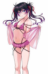 Rule 34 | 1girl, bare shoulders, bikini, black hair, blue eyes, blush, breasts, closed mouth, collarbone, commentary request, gradient hair, hair ribbon, halterneck, isshi pyuma, layered bikini, long hair, looking at viewer, multicolored hair, navel, off shoulder, open clothes, open shirt, original, pink bikini, pink shirt, purple hair, red ribbon, ribbon, shirt, simple background, small breasts, solo, standing, stomach, swimsuit, twintails, twitter username, v-shaped eyebrows, white background