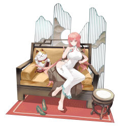 Rule 34 | 1girl, absurdres, artist name, azur lane, bare shoulders, barefoot, breasts, brown coat, chair, china dress, chinese clothes, chinese commentary, closed mouth, coat, commentary request, couch, dress, feet, folded fan, folding fan, green footwear, hand fan, high heels, highres, holding, holding fan, huge breasts, long hair, looking at viewer, maneki-neko, on couch, paper fan, perseus (azur lane), perseus (spring lackadaisical leisure) (azur lane), pink eyes, pink hair, rug, simple background, sitting, suo bu ye feng, thighs, toenails, toes, unworn footwear, watermark, web address, white dress
