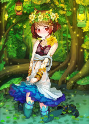 Rule 34 | 1boy, androgynous, bag, blush, bracelet, brown hair, daffodil (qurare), dress, dress tug, glowing, glowing eyes, hair ornament, hairband, jewelry, kneeling, lantern, leaf, looking at viewer, lots of jewelry, male focus, original, partially submerged, qurare magic library, red eyes, riccae, short hair, smile, solo, stuffed animal, stuffed toy, tears, teddy bear, trap, wading, water, wet, wet clothes, wreath