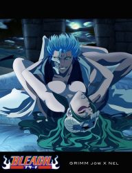 Rule 34 | 1boy, 1girl, arrancar, bed sheet, bleach, blue eyes, blue hair, breasts, clothed sex, closed eyes, green hair, grimmjow jaegerjaquez, grin, hetero, holding, large breasts, long hair, looking at viewer, nelliel tu odelschwanck, nude, number tattoo, parted lips, sex, skull, smile, tattoo, text focus, third-party edit, vaginal, waterbender196