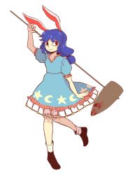 Rule 34 | 1girl, ambiguous red liquid, animal ears, blood, blue dress, blue hair, rabbit ears, dress, full body, highres, kia (tumblr), kine, knees together feet apart, mallet, moon, ponytail, puffy short sleeves, puffy sleeves, red eyes, seiran (touhou), shoes, short sleeves, smile, socks, solo, stain, star (symbol), touhou, transparent background