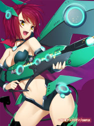 Rule 34 | 1girl, :d, black thighhighs, breasts, choker, cleavage, cowboy shot, demon tail, detached sleeves, fang, gun, hair ornament, holding, holding gun, holding weapon, junketsu duelion, medium breasts, midriff, navel, open mouth, purple background, red hair, revealing clothes, short hair, simple background, smile, solo, standing, stomach, strapless, tail, thighhighs, weapon, yangsion, yellow eyes