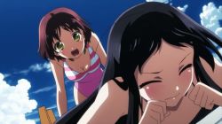 Rule 34 | 10s, 2girls, accel world, animated, animated gif, bikini, black hair, blush, breasts, brown hair, cloud, kuroyukihime, long hair, multiple girls, open mouth, red eyes, scared, sky, small breasts, surprised, swimsuit