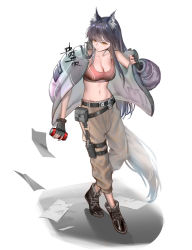Rule 34 | 1girl, absurdres, animal ear fluff, animal ears, arknights, bare shoulders, black footwear, black gloves, black hair, boots, breasts, brown eyes, brown pants, can, cleavage, commentary, crop top, fingerless gloves, full body, gloves, grey jacket, highres, holding, holding can, jacket, long hair, long sleeves, medium breasts, midriff, navel, off shoulder, open clothes, open jacket, pants, paper, pouch, sidelocks, simple background, solo, sports bra, standing, stomach, tail, texas (arknights), very long hair, white background, wolf ears, wolf tail, wu-gg