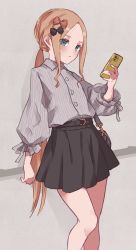 Rule 34 | 1girl, abigail williams (fate), alternate costume, black bow, black skirt, blonde hair, blue eyes, blush, bow, casual, cellphone, closed mouth, commentary, contemporary, fate/grand order, fate (series), grey shirt, hair bow, high-waist skirt, holding, holding phone, kopaka (karda nui), leaning back, long hair, long sleeves, looking at viewer, orange bow, parted bangs, phone, pleated skirt, ponytail, puffy long sleeves, puffy sleeves, shirt, sidelocks, skirt, smartphone, solo, standing, striped clothes, striped shirt, very long hair