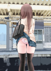 Rule 34 | 1girl, accidental exposure, animal print, ass, back-print panties, bag, black thighhighs, blue skirt, brown hair, cat panties, cat print, clothes lift, day, facing away, feet out of frame, from behind, highres, long hair, miniskirt, ol-chan (oouso), oouso, original, outdoors, panties, pink panties, pleated skirt, print panties, shoulder bag, skirt, skirt caught on object, skirt lift, solo, standing, sweater, thighhighs, underwear, upskirt, wardrobe malfunction, yellow sweater