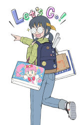 Rule 34 | 1girl, aqua eyes, aragon honnin, backpack, bad id, bad tumblr id, bag, blue pants, english text, feet out of frame, from behind, glasses, gloves, green shirt, open mouth, original, pants, pink gloves, pink hair, pointing, ponytail, shirt, simple background, smile, solo, twintails, white background
