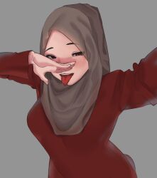 Rule 34 | 1girl, female pervert, grey background, hands up, highres, hijab, looking at viewer, naughty face, open mouth, pervert, red shirt, shirt, simple background, tongue, upper body, yandere
