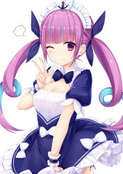 Rule 34 | 1girl, ;d, ahoge, anchor, blank speech bubble, blue bow, blue bowtie, blue dress, blue hair, blue nails, bow, bowtie, braid, breasts, cleavage, colored inner hair, dress, fingernails, frilled dress, frills, hair ribbon, haluka (aixioo), hand up, highres, hololive, long hair, looking at viewer, maid headdress, minato aqua, minato aqua (1st costume), multicolored hair, nail polish, one eye closed, open mouth, puffy short sleeves, puffy sleeves, purple eyes, purple hair, purple ribbon, ribbon, ringlets, short sleeves, sidelocks, simple background, small breasts, smile, solo, speech bubble, streaked hair, twintails, two-tone hair, v, very long hair, virtual youtuber, white background, white bow