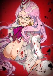 Rule 34 | 1girl, blood, breasts, cleavage, covered erect nipples, earrings, fate/grand order, fate (series), glasses, gloves, hat, highres, jewelry, koyanskaya (fate), koyanskaya (foreigner) (first ascension) (fate), large breasts, long hair, looking at viewer, pink hair, raira-riraia, red background, solo, tamamo (fate), upper body, white gloves, yellow eyes