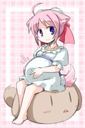 Rule 34 | 10s, 1girl, ahoge, animal ears, barefoot, dog days, dog ears, dog girl, dog tail, double bun, feet, kugelschreiber, millhiore f. biscotti, pink hair, pregnant, purple eyes, smile, solo, tail, toes