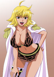 Rule 34 | 1girl, ahoge, amazon lily, amazon warrior, blonde hair, breasts, cape, cleavage, female focus, gradient background, grey eyes, happy, large breasts, leaning forward, marguerite (one piece), midriff, navel, nel-zel formula, one piece, open mouth, short hair, smile, solo, thighhighs