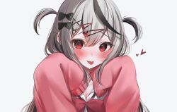 Rule 34 | 1girl, :p, black hair, blush, breasts, cardigan, cleavage, grey hair, hair ornament, hairclip, heart, heart hair ornament, highres, hololive, long hair, looking at viewer, maru ccy, medium breasts, red eyes, sakamata chloe, school uniform, simple background, sleeves past wrists, small breasts, smile, solo, tongue, tongue out, two side up, virtual youtuber, white background, x hair ornament
