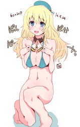 Rule 34 | 10s, 1girl, atago (kancolle), bikini, bikini top only, blonde hair, blue eyes, blush, bottomless, breasts, dated, de (deys), hat, kantai collection, large breasts, long hair, open mouth, pan-pa-ka-paaan!, personification, simple background, solo, swimsuit, white background