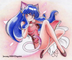 Rule 34 | 1girl, animal ears, blue hair, breasts, cat ears, cat girl, cat tail, china dress, chinese clothes, dress, female focus, full body, gradient background, legs, long hair, miniskirt, ranma 1/2, shampoo (ranma 1/2), short dress, skirt, smile, solo, tail, thighs