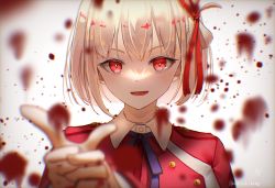 Rule 34 | 1girl, absurdres, aoi hane, artist name, blonde hair, blood, blurry, blurry background, blurry foreground, buttons, collared shirt, commentary request, depth of field, film grain, finger gun, gradient background, grey background, hair ribbon, hands up, highres, jacket, looking at viewer, lycoris recoil, lycoris uniform, neck ribbon, nishikigi chisato, one side up, own hands together, parted lips, pointing, pointing at viewer, portrait, purple ribbon, red eyes, red jacket, red ribbon, ribbon, shirt, short hair, signature, smile, solo, twitter username, white background, white shirt