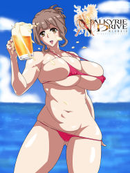 Rule 34 | 10s, 1girl, alcohol, beer, bikini, breasts, brown eyes, brown hair, covered erect nipples, female focus, highres, huge breasts, kazami torino, navel, plump, solo, standing, swimsuit, thick thighs, thighs, valkyrie drive, valkyrie drive -mermaid-, wide hips