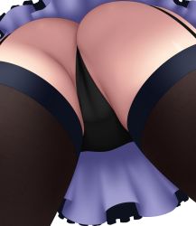 Rule 34 | 1girl, ass, ass focus, baru (val-val), black panties, brown thighhighs, from below, garter straps, panties, simple background, skindentation, skirt, solo, thighhighs, thong, underwear, upskirt, white background