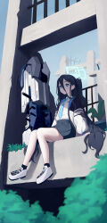 Rule 34 | 1girl, absurdres, aris (blue archive), black hair, black jacket, black skirt, black socks, blue archive, blue eyes, blue halo, blue necktie, closed mouth, collared shirt, commentary, english commentary, full body, gihachii, hair between eyes, halo, highres, jacket, long bangs, long hair, long hair between eyes, long sleeves, looking afar, magnetic weapon, necktie, one side up, open clothes, open jacket, outdoors, pleated skirt, railgun, shirt, shirt tucked in, shoes, sitting, skirt, smile, socks, solo, very long hair, white footwear, white shirt