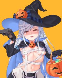 Rule 34 | 1girl, 7eddy, bandages, black gloves, bow, breasts, budget sarashi, candy, cape, commentary request, detached sleeves, food, girls&#039; frontline, gloves, gun, halloween, handgun, hat, looking at viewer, medium breasts, navel, official alternate costume, open mouth, orange background, pumpkin, red eyes, sarashi, silver hair, solo, tokarev (girls&#039; frontline), tokarev (thief of sweetness) (girls&#039; frontline), tokarev tt-33, weapon, witch hat