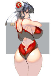 Rule 34 | 1girl, ass, ass cutout, back cutout, backboob, backless outfit, black hair, breasts, brown eyes, bun cover, butt crack, clothing cutout, covered erect nipples, cowboy shot, curvy, double bun, from behind, hair bun, highres, huge breasts, jewelry, kouno (masao), looking back, neck ring, one-piece swimsuit, original, plump, red one-piece swimsuit, revision, short hair, sideboob, solo, swimsuit, two-tone background