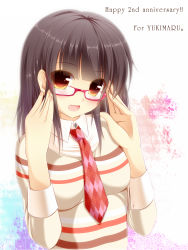 Rule 34 | 1girl, :d, adjusting eyewear, argyle, argyle clothes, argyle necktie, argyle neckwear, black hair, blush, breasts, fang, glasses, highres, jewelry, long hair, looking at viewer, medium breasts, necklace, necktie, open mouth, orange eyes, original, red-framed eyewear, red necktie, smile, solo, striped clothes, striped sweater, sweater, syroh, upper body
