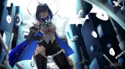 Rule 34 | 1girl, black hair, black skirt, black thighhighs, blue bow, blue eyes, bow, breasts, commentary, detached sleeves, earrings, english commentary, gears, hand on own hip, highres, hololive, hololive english, jewelry, looking at viewer, minxei, ouro kronii, ouro kronii (1st costume), paid reward available, short hair, skindentation, skirt, solo, thigh strap, thighhighs, underboob, virtual youtuber
