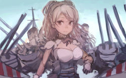 Rule 34 | 1girl, blue background, breasts, brown eyes, conte di cavour (kancolle), conte di cavour nuovo (kancolle), dress, gloves, hair between eyes, highres, kantai collection, large breasts, long hair, moor, rigging, short sleeves, silver hair, simple background, sketch, smile, solo, upper body, white gloves