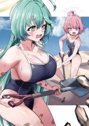 Rule 34 | 2girls, absurdres, ahoge, bandaid, bandaid on arm, bandaid on leg, bare arms, black one-piece swimsuit, blue archive, blue eyes, breasts, bright pupils, cleavage, commentary request, digging, green hair, hair between eyes, halo, heterochromia, highres, holding, holding shovel, hoshino (blue archive), hoshino (young) (blue archive), long hair, multiple girls, one-piece swimsuit, open mouth, pink hair, pink halo, pizzasi, short hair, shovel, standing, sweat, swimsuit, tearing up, white pupils, yellow eyes, yellow halo, yume (blue archive)