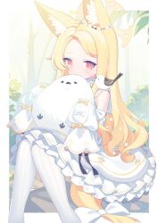 Rule 34 | 1girl, animal, animal ear fluff, animal ears, bare shoulders, bird, blonde hair, blue archive, detached sleeves, dress, eskimofox, feet out of frame, fox ears, halo, highres, long hair, looking at viewer, pantyhose, seia (blue archive), sleeves past fingers, sleeves past wrists, solo, striped clothes, striped pantyhose, vertical-striped clothes, vertical-striped pantyhose, white bird, white dress, white pantyhose, yellow eyes, yellow halo