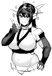 Rule 34 | 10s, bad id, bad tumblr id, bare shoulders, belly, black hair, blush, breasts, cleavage, fingerless gloves, gloves, greyscale, hand on own hip, highres, huge breasts, kantai collection, long hair, looking at viewer, monochrome, nagato (kancolle), plump, simple background, sketch, smile, solo, sparkle, synecdoche, thick arms, thumbs up, white background
