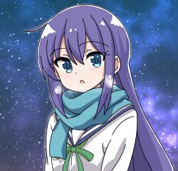 1girl blue_eyes blue_hair blue_sailor_collar blue_scarf chikadaioshi dot_nose feet_out_of_frame female_focus hair_between_eyes koisuru_asteroid long_hair long_sleeves looking_at_viewer manaka_ao night night_sky open_mouth sailor_collar scarf school_uniform serafuku sky solo standing