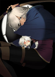 Rule 34 | 2boys, antemeridian, bent over, black nails, blue eyes, blush stickers, bow (weapon), bridal gauntlets, chibi, corrin (fire emblem), corrin (male) (fire emblem), dark-skinned male, dark skin, eyepatch, fire emblem, fire emblem fates, flipped hair, holding, holding weapon, looking at viewer, male focus, mini person, miniboy, multiple boys, nail polish, niles (fire emblem), nintendo, outline, pointy ears, red eyes, smile, spotlight, weapon, white hair