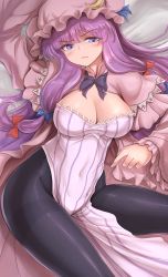 Rule 34 | 1girl, bed, bed sheet, black pantyhose, blush, breasts, cleavage, covered navel, crescent, dress, from above, hat, highres, large breasts, long hair, looking at viewer, lying, mob cap, namiki (remiter00), on back, pantyhose, patchouli knowledge, purple eyes, purple hair, striped clothes, striped dress, touhou