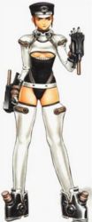 Rule 34 | 1girl, atlus, belt, boots, breasts, brown eyes, brown hair, full body, gouketsuji ichizoku, groove on fight, hat, high heels, murata range, official art, police, police uniform, policewoman, simple background, solis r8000, solo, thighhighs, underboob, uniform, white thighhighs