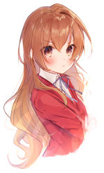 Rule 34 | 1girl, aisaka taiga, blazer, blush, brown eyes, brown hair, closed mouth, cropped torso, from side, gyozanuko, highres, jacket, looking at viewer, looking to the side, neck ribbon, oohashi high school uniform, purple ribbon, red jacket, ribbon, school uniform, serious, simple background, solo, toradora!, upper body, v-shaped eyebrows, white background