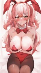 Rule 34 | 1girl, absurdres, animal ears, annoyed, arms under breasts, bare shoulders, blush, bow, bowtie, breasts, cleavage, collarbone, covered navel, crossed arms, detached collar, hair ornament, highres, large breasts, leotard, long hair, looking at viewer, maru ccy, original, pantyhose, pink hair, playboy bunny, pout, rabbit ears, rabbit hair ornament, red bow, red bowtie, red leotard, sitting, solo, strapless, strapless leotard, tearing up, tears, thighband pantyhose, twintails, very long hair